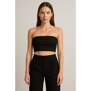 WeWoreWhat Black Cotton Lyocell Bandeau Top Sz M Strapless Zip Back